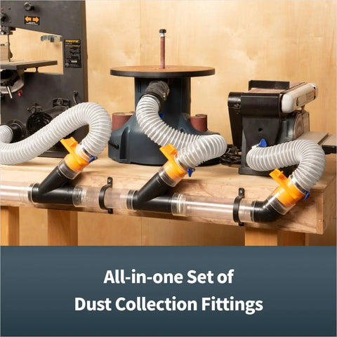 Pawertc 4 In Dust Collection Fittings Kit With Connectors Patented Blast Gates And Stainless Steel Hose Clamps For 3 Machine Setup Woodworking Extraction System Easy To Use on workbench connecting three tools.
