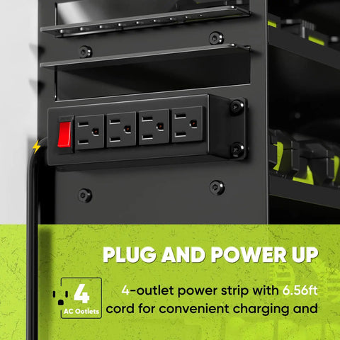 Side view of Rugged Power Tool Organizer Wall Mount With Charging Station featuring 4-outlet power strip and tool rack.