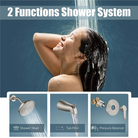 2 Functions Shower System with Tub Shower Faucet Set With Valve And Wall Mount Trim Kit For 6 Inch Tub Fixtures, Rough In Valve, Single Spray Shower Head System, 5.3 Inch Tub Spout, Brushed Nickel Finish, Modern Look Easy Install.