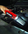Person using LED Cordless Work Light With Magnet Torch, 360 Degree Swivel And 90 Degree Tilt For Multi Angle Positioning under a car hood.