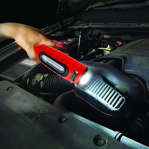 Person using LED Cordless Work Light With Magnet Torch, 360 Degree Swivel And 90 Degree Tilt For Multi Angle Positioning under a car hood.