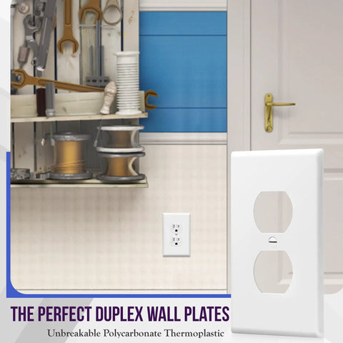 Mid Size Duplex Outlet Wall Plate 1-Gang Cover Built To Last Polycarbonate Thermoplastic displayed in home setting