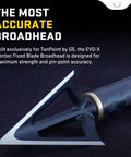 Close-up of Evo X Montec Fixed Blade Broadhead, 100 grain, steel, three blade design for pinpoint accuracy in bow hunting.