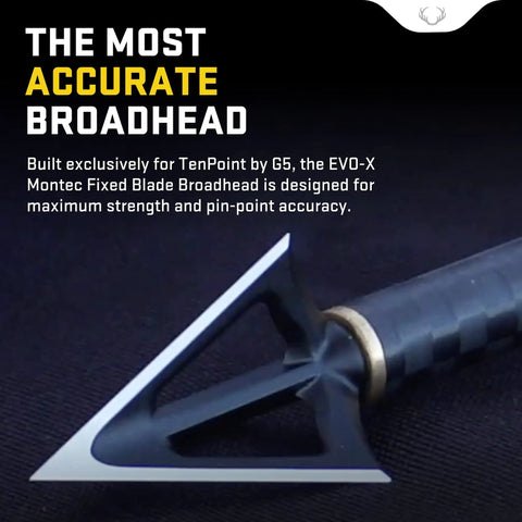 Close-up of Evo X Montec Fixed Blade Broadhead, 100 grain, steel, three blade design for pinpoint accuracy in bow hunting.