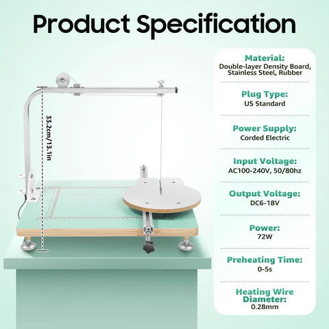 Specification of Versatile 72W Tabletop Hot Wire Foam Cutter With Adjustable Temperature 32 To 572 F, shown with dimensions and features.