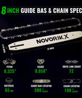 Top Tier 18 Inch Chainsaw Guide Bar And Replacement Chain Featuring 72 Drive Links With 0.325 Low Profile Pitch And 0.058 Gauge setup with specs.