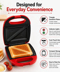 Sanzinaz 520W Electric Sandwich Maker Grill with Nonstick Plates Compact Panini Press red appliance with cooked sandwiches inside.