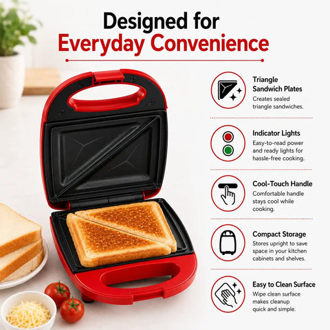 Sanzinaz 520W Electric Sandwich Maker Grill with Nonstick Plates Compact Panini Press red appliance with cooked sandwiches inside.