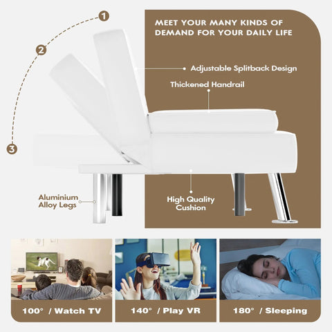 Leather Look Futon Sofa Bed With Removable Armrests, Comfy Adjustable Recliner Sleeper, Dual Cup Holders And Chrome Legs, White Modern Couch For Living Room, Apartment Or Office with adjustable backrest and chrome legs features.