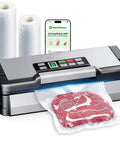 95kPa Vacuum Sealer With AquaLock Technology sealing meat, two bag rolls, and smartphone with app shown.