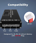 Versatile LiPo Balance Charger With Wireless Voltage Meter For 7.4V 11.1V And 14.8V Batteries showing compatibility ports