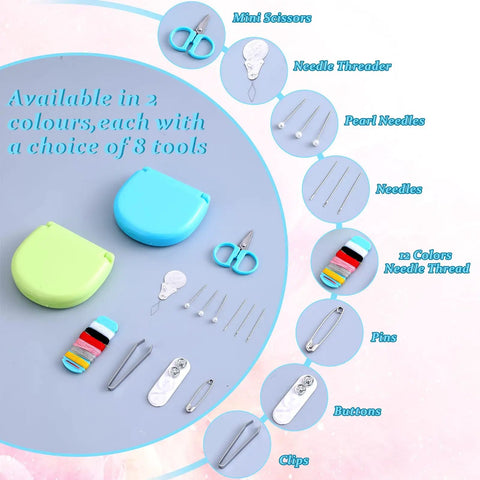 20 Pack Mini Travel Sewing Kit Set For On The Go Repairs With Scissors Needles Thread Spools And Emergency Fix Essentials In Durable Blue And Green Case displayed with accessories