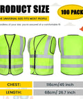 Straight Up Heavy Duty Reflective Safety Vests Bulk 100 Pack With Zipper And Utility Pockets Fluorescent Green High Visibility Work Gear For Men And Women Universal Fit Road Hustle in universal size with chest and length measurements.