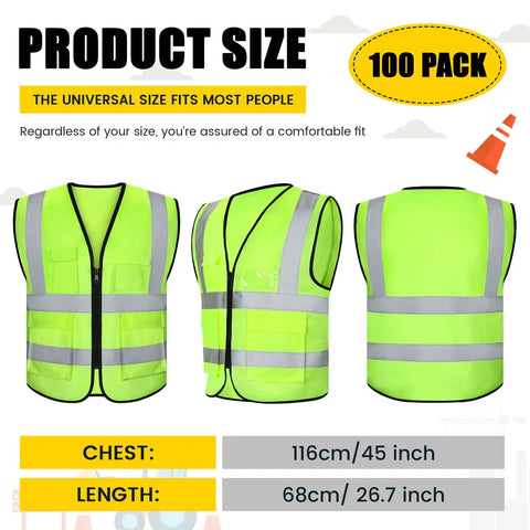 Straight Up Heavy Duty Reflective Safety Vests Bulk 100 Pack With Zipper And Utility Pockets Fluorescent Green High Visibility Work Gear For Men And Women Universal Fit Road Hustle in universal size with chest and length measurements.