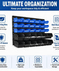 Rock Solid Heavy Duty Wall Mount Tool Organizer Rack With Thirty Spacious Compartments, displaying blue and black bins for storage.