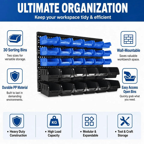 Rock Solid Heavy Duty Wall Mount Tool Organizer Rack With Thirty Spacious Compartments, displaying blue and black bins for storage.