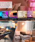 BR30 Smart LED Flood Bulbs 13W 1300 Lumens RGB Color Changing used in various room settings controlled via mobile app.