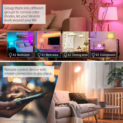 BR30 Smart LED Flood Bulbs 13W 1300 Lumens RGB Color Changing used in various room settings controlled via mobile app.