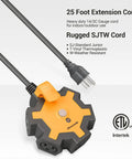 5 Outlet Power Strip With 25 Ft Heavy Duty Extension Cord For Garage And Workshop 15 Amp Circuit Breaker Swivel Safety Covers Industrial Grade Durable Construction, cord close-up with rugged SJTW label