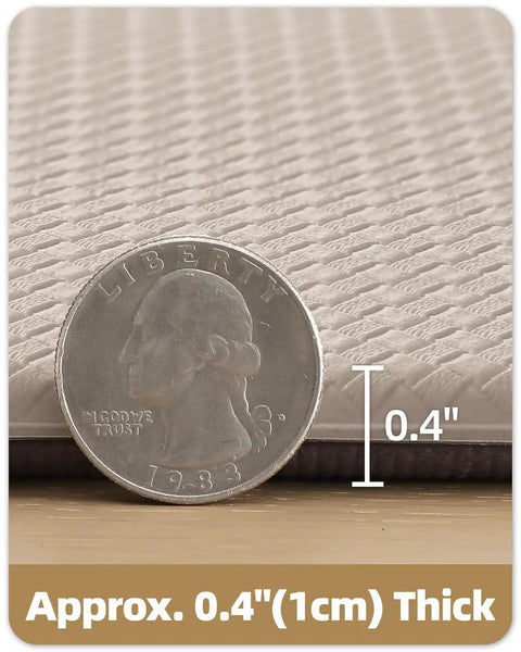 Anti Fatigue Kitchen Floor Mat 24 By 94 Inches Wide Runner Rug thick foam close-up with 0.4 inch measurement beside a coin