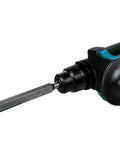 Close-up of a rotary hammer with a chisel from the 3 Piece SDS Plus Chisel And Point Bit Set For Rotary Hammers, Aggressive Concrete And Tile Demolition.