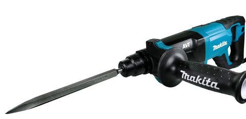 Close-up of a rotary hammer with a chisel from the 3 Piece SDS Plus Chisel And Point Bit Set For Rotary Hammers, Aggressive Concrete And Tile Demolition.