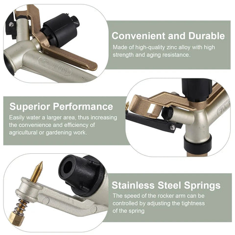 Close-up of Long Range Impact Sprinkler For Lawns And Farms With 360 Degree Coverage, highlighting heavy-duty aluminum body and stainless steel springs.