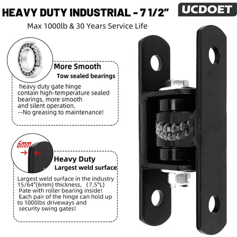 Heavy Duty Sealed Bearing Gate Hinges For Outdoor Gates Up To 1000 Lbs, Bolt On Or Weld On, Adjustable Yoke Pivot CI3700 Gate Hinge Pair, black 7.5 inch hinge
