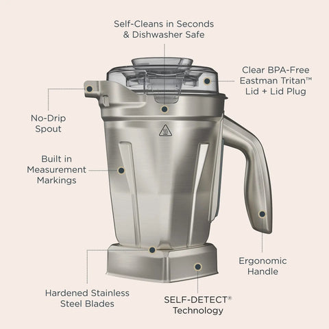 48-Ounce Stainless Steel Blender Container With Self-Detect, Dishwasher Safe, BPA-Free Clear Lid, ergonomic handle visible