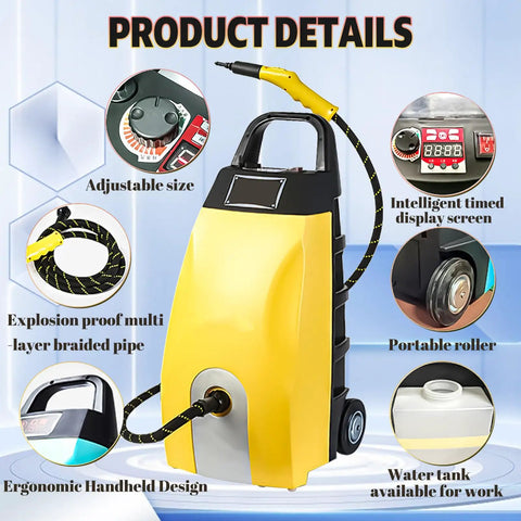 Powerful 3000W High Pressure Steam Cleaner With Huge 3.5 Liter Water Tank And Fast 40 Second Heat Up Time For Deep Cleaning Homes Cars And Commercial Spaces With Included Accessories Easy To Move Around featuring yellow ergonomic design and adjustable pipe.