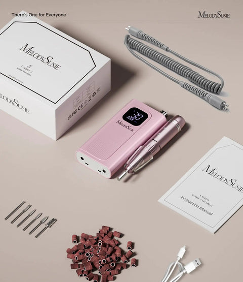 Clip On Rechargeable Nail Drill For Beginners On The Go, 30K RPM E File With LCD, pink, with accessories and instruction manual