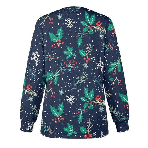 Back view of Christmas Holly Womens Snap Front Scrub Jacket in stretch fabric with holiday print, long sleeve medical uniform.