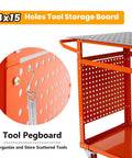 Side view of orange tool storage board with 14x15 holes on a heavy duty workbench for organizing tools in shop or garage.