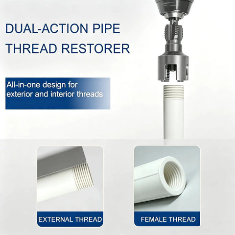 7 Piece PVC Pipe Threading Tool Set For One Half Inch And Three Quarter Inch Pipes With Internal And External Thread Cutters shown