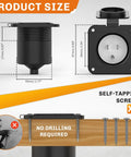 15 Amp Flanged Inlet NEMA 5-15 RV Shore Power Plug with dimensions and self-tapping screws, no drilling required.