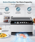 Front view of Beelicious Pro DualCore CVS101 stainless steel chamber vacuum sealer with digital controls.