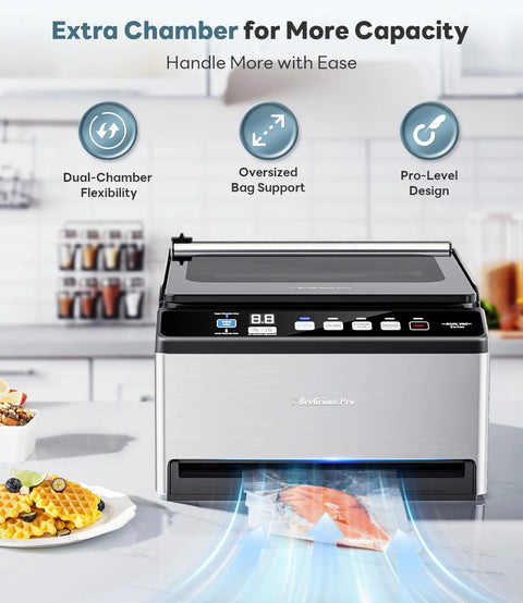 Front view of Beelicious Pro DualCore CVS101 stainless steel chamber vacuum sealer with digital controls.