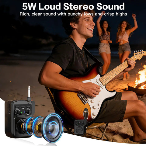 Man playing guitar by campfire using Pocket Sized 5W Mini Guitar Amp With Bluetooth And USB Playback Four Built In Effects