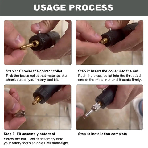 Usage process for Rotary Tool Chuck Adapter for Dremel 4485, showing step-by-step installation with brass collets.