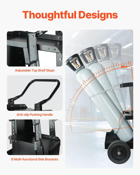 Heavy Duty 2 Tier Welder Cart With Anti Theft Lockable Cabinet, 360 Degree Swivel Wheels, Tank Storage And Safety Chains