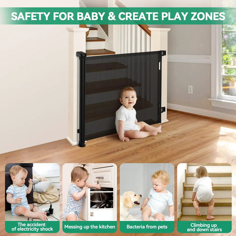 Retractable Baby Gate For Stairs And Doorways, 33 Inch Tall, Extends Up To 55 Inches Wide, space-saving mesh gate with child