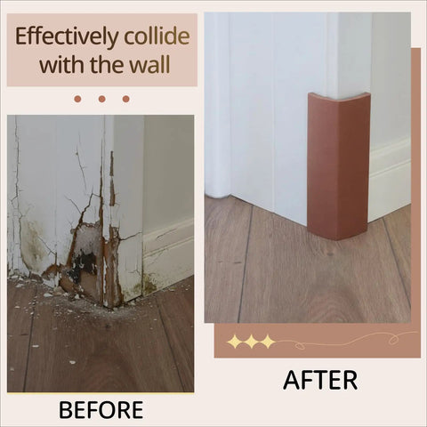 "Before and after of brown rubber corner protectors installed on wall, showing protection from damage, with image text."