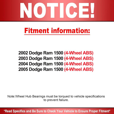 Fitment notice for 2002 to 2005 Dodge Ram 1500 with 4-Wheel ABS and torque specifications for wheel hub bearings.