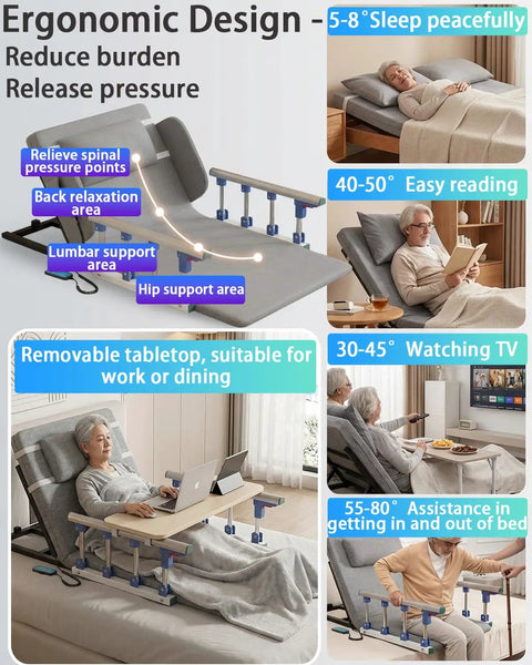 Ergonomic adjustable bed lift assist for seniors with lumbar support, removable tabletop, and angles from 30° to 80°.