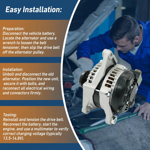 Mechanic installing beefed up replacement alternator for Camry 2015 to 2017 and RAV4 2013 to 2018 AWD with two point five L engine