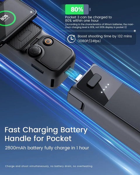 Fast Charging Battery Handle For Osmo Pocket 3 Power Grip With 2800mAh Quick Charge In About 1 Hour shown with charging cable