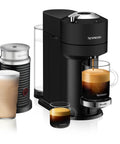 Vertuo Next Deluxe Coffee And Espresso Maker With Aeroccino Milk Frother, one-touch matte black brewer with coffee and espresso cups.