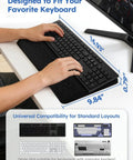 Hands typing on 2-In-1 Keyboard Stand With Wrist Rest For Comfy Typing, measuring 16.93 by 9.84 inches, ergonomic riser visible.