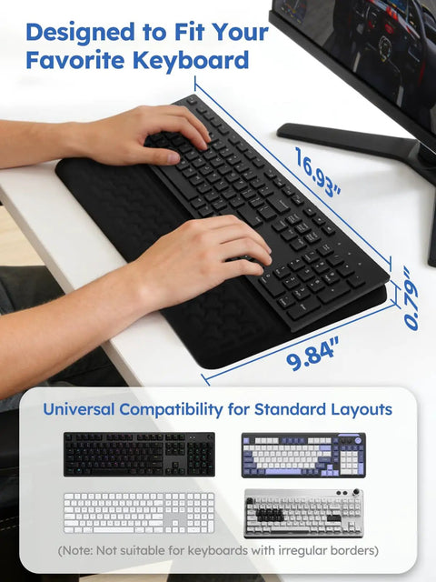Hands typing on 2-In-1 Keyboard Stand With Wrist Rest For Comfy Typing, measuring 16.93 by 9.84 inches, ergonomic riser visible.