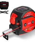 All In One 3 In 1 Laser Tape Measure With Auto Level, 197ft Laser Distance Meter, 16ft Digital Tape With Fractions, Built In Level, Rechargeable Electronic Tape For Builders And Contractors, red and black with case and USB cable